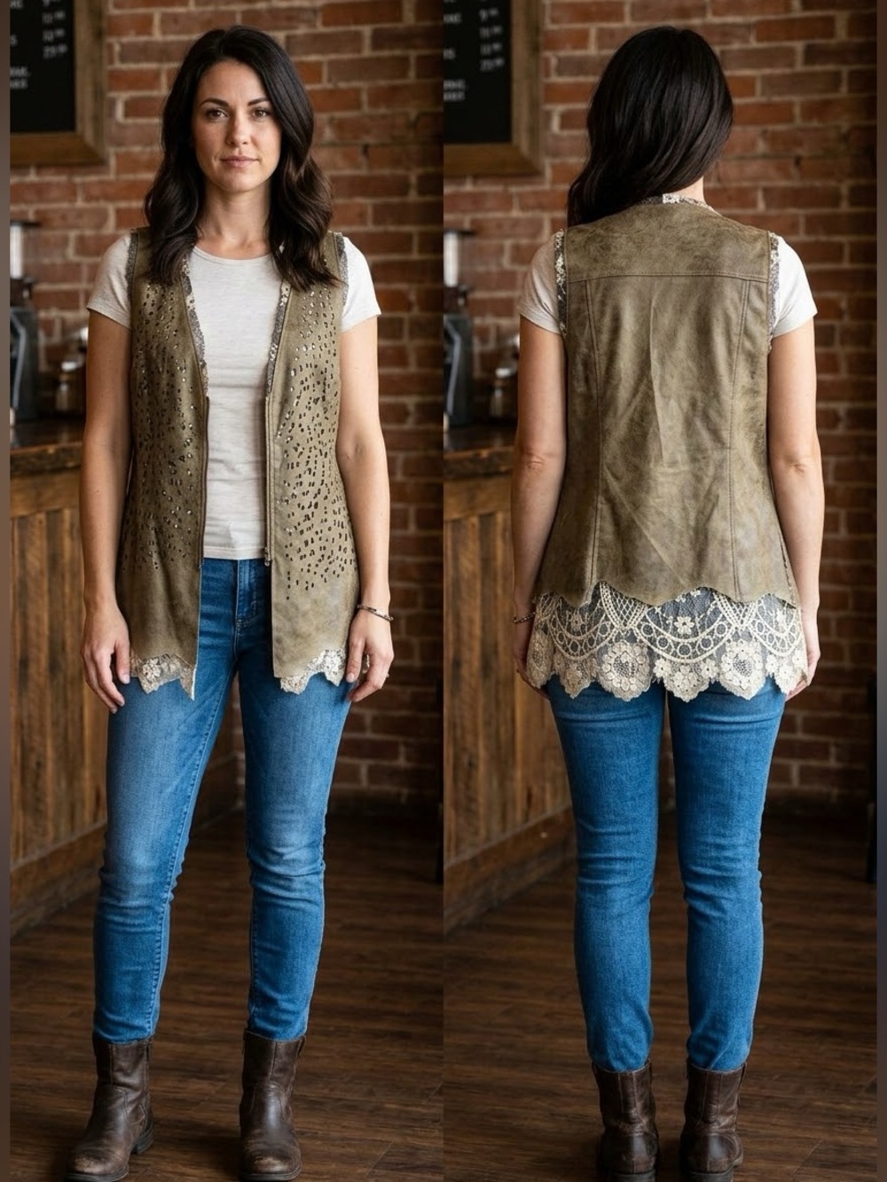 V Cristina Faux Leather Lace Detail Full Zip Vest